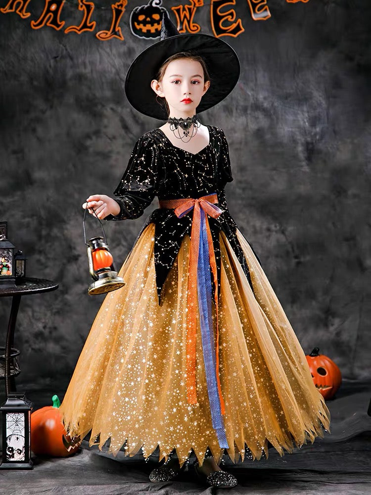 Halloween children's costume Long sleeve witch vampire masquerade costume; Girl Princess dress; Evening dress