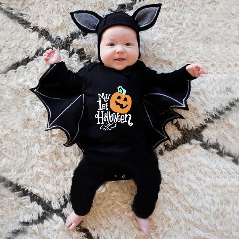 Baby's First Halloween Costume; Black Bat Romper Jumpsuit