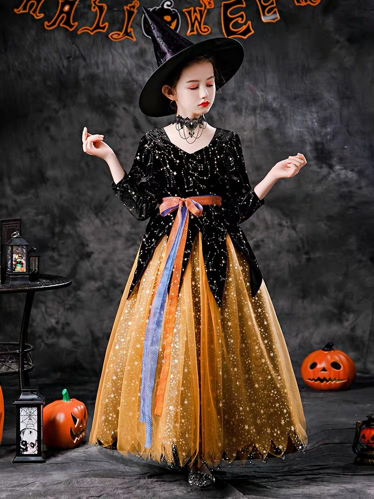 Halloween children's costume Long sleeve witch vampire masquerade costume; Girl Princess dress; Evening dress