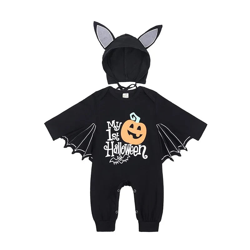 Baby's First Halloween Costume; Black Bat Romper Jumpsuit