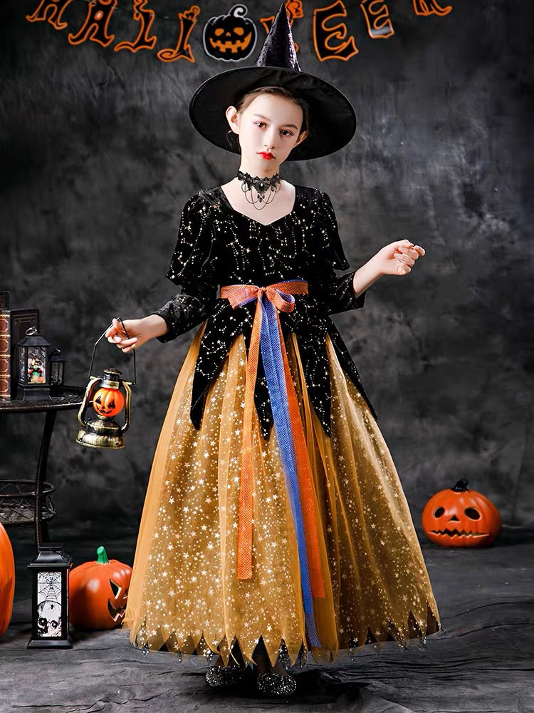 Halloween children's costume Long sleeve witch vampire masquerade costume; Girl Princess dress; Evening dress